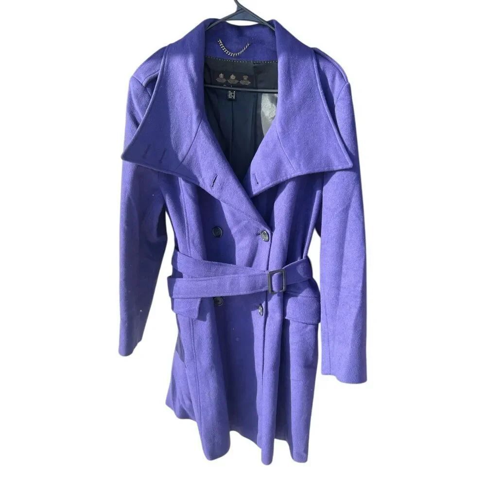 Barbour woman’s 12 purple wool blend double breasted trench jacket tie waist